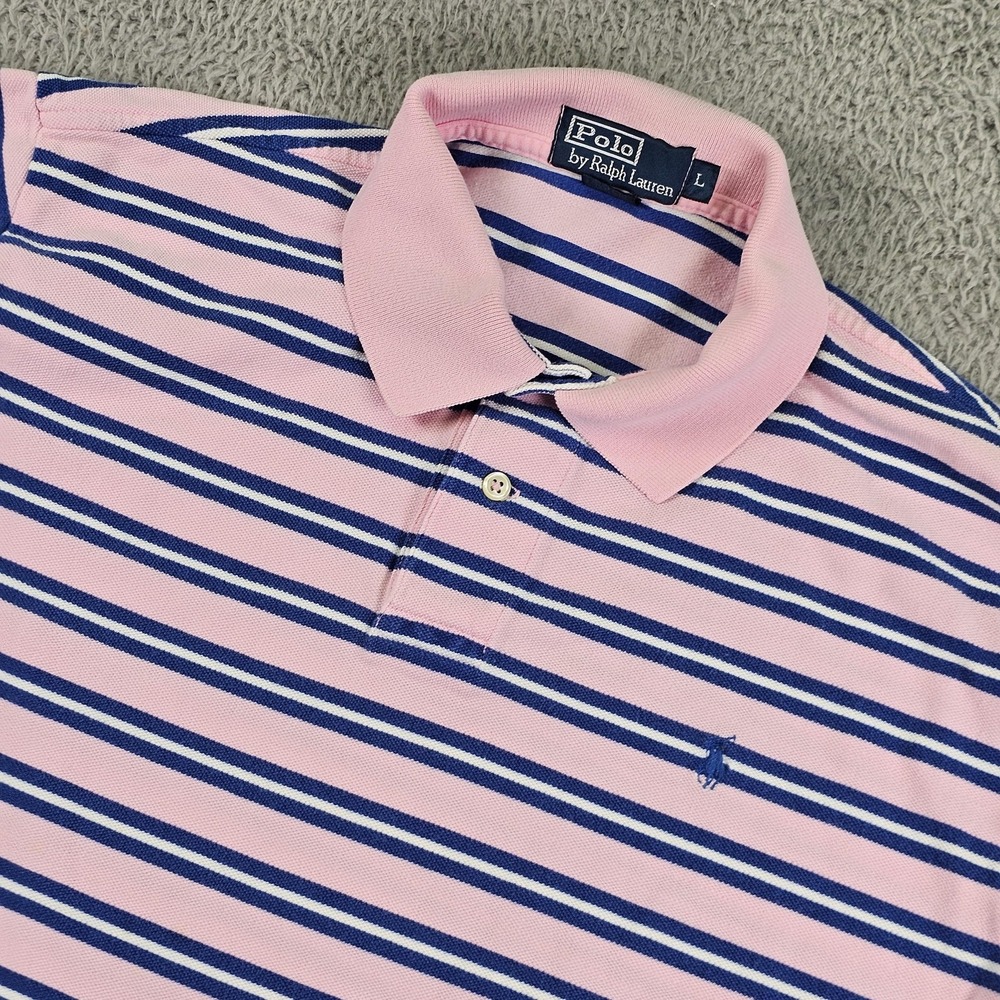 Polo Ralph Lauren Polo Shirt Mens Large Pink Navy Striped Short Sleeve Cotton